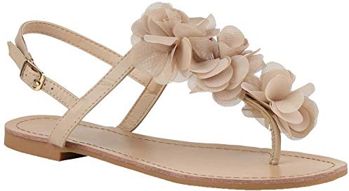 stiefelparadies Damen Dianetten Blumen Sandalen Zehentrenner Sommer Flats Beach Zierperlen Schuhe 114996 Nude 41 Flandell
