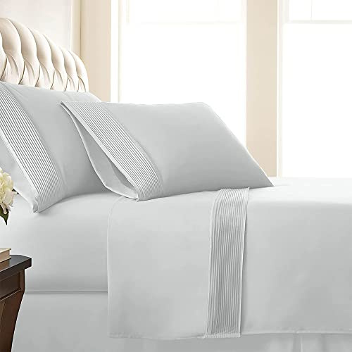 Southshore Fine Living, Inc. Pleated Hem, 4-Piece, 21 Inch Extra Deep Pocket Queen Sheets Set, Easy Care White Queen Sheets Deep Pocket with Embroidered Hem, Pet Hair Resistant Sheets, Bright White