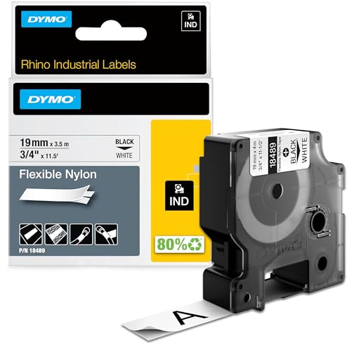 DYMO Rhino Industrie Nylonetiketten | flexibel | 19 mm x 3,5 m | schwarze Schrift auf weißem Untergrund | selbstklebendes Schriftband