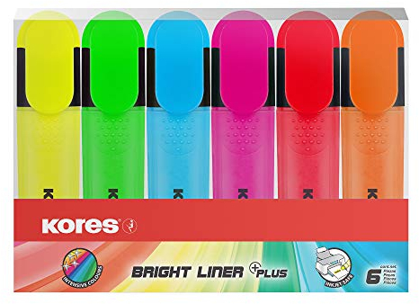 Kores - Fluorescent Highlighter Pen - Bright Liner, Fluorescent, Universal Water Based-Ink Highlighter Pen with Ergonomic Shape - Stationery School Supplies, Office Supplies - Pack of 6