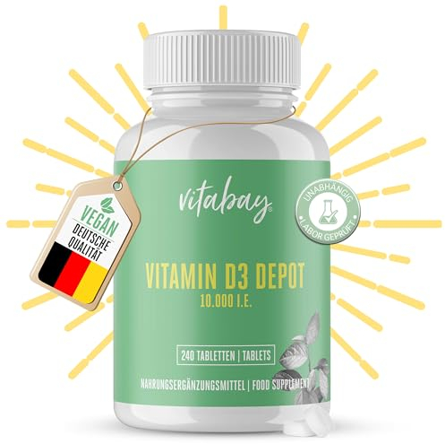 Vitabay – Vitamin D3 Depot 10000 I.E. – 240 Vegane Tabletten – Hochdosiert – Vitamin D3 Tabletten & Kapseln – Vit D – Vitamin D 10000