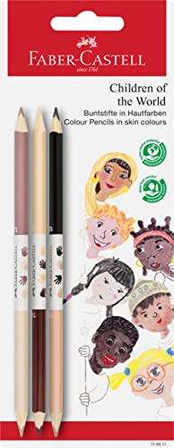Faber-Castell 116511 - Bicolor Buntstifte Set Children of the World, 3 Stifte mit 6 verschiedenen Hautfarben, skin tones