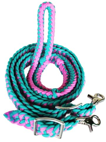 CHALLENGER Horse Knotted Roping Western Barrel Reins Nylon Braided Rein Turquoise PK 607130