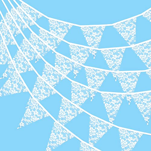 G2PLUS Guirnalda Banderines Encaje Blanco: Banderines de Tela para Bodas