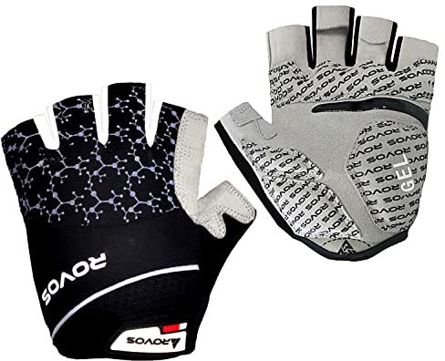 ROVOS Cycling Gloves Gel Men Bike Gloves Biking Gloves Half Finger Bicycle Gloves- Anti Slip Shock Absorbing 5mm Padded Breathable Mountain Bike Gloves for Women (Black,Large)
