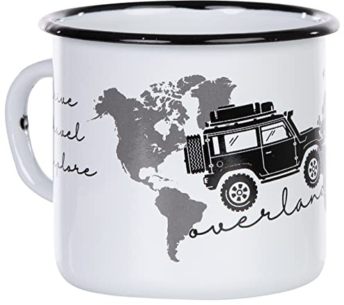MUGSY I Emaille Taza Drive Travel Explore Overlander, diseño offroad y mapa del mundo, blanco, taza para exteriores con texto I 330 ml