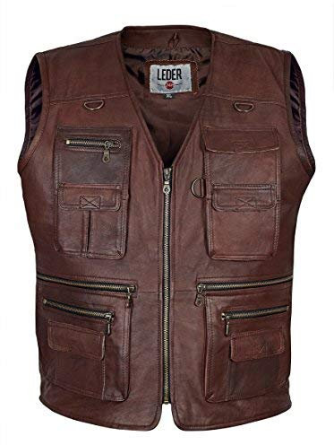 LEDER24H Herren Outdoor Lederweste Ranger Weste Schießweste Anglerweste 1035 (DE/NL/SE/PL, Alphanumerisch, 6XL, Regular, Regular, Braun mit 10 Außentaschen)