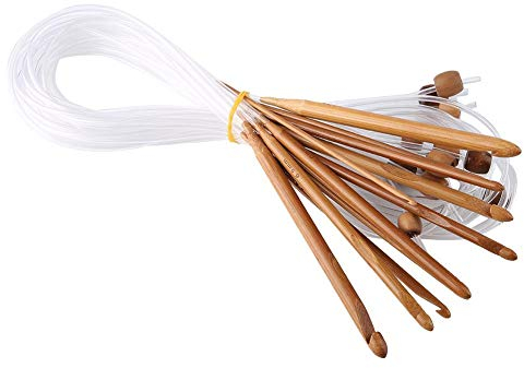 12pcs Carbonized Bamboo Tunisian Crochet Hooks Set - Circular Knitting Needles for Carpet, Blanket, Rug Weave & DIY Craft