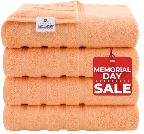 American Soft Linen, 4-teiliges Badetuch-Set, 100 % türkische Baumwolle, 27 in 54 Badetücher für Badezimmer, weiche, saugfähige Badetücher, extra groß, schnell trocknende Duschtücher, Malibu Pfirsich