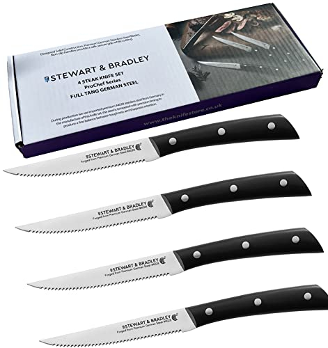 STEWART & BRADLEY Steak Knives Set of 4, Full Tang, Premium German Steel #4028, Razor Sharp Stainless Steel Steak Knives, Lightweight 5 Inch Serrated Blade, Steak Knife Set for Every Use
