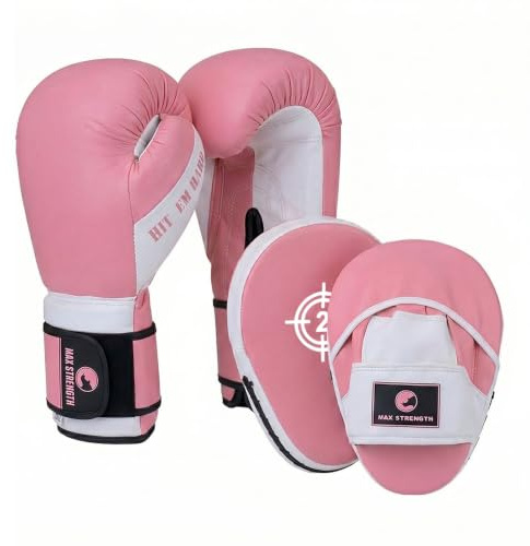 MAXSTRENGTH Women's Boxing Gloves and Focus Pads Set, Ladies Boxing Training Gloves with Punch Mitts for Sparring, Pad Work, Boxing Fitness, Kickboxing, MMA, Muay Thai and Home Gym Training 12oz