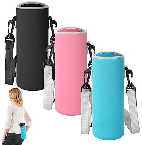Heveer Bolsa de Botella de Agua 1200ML Portátil Funda para Botella de Neopreno con Correa de Hombro Ajustable para Deportes Senderismo Viajes 3 Piezas