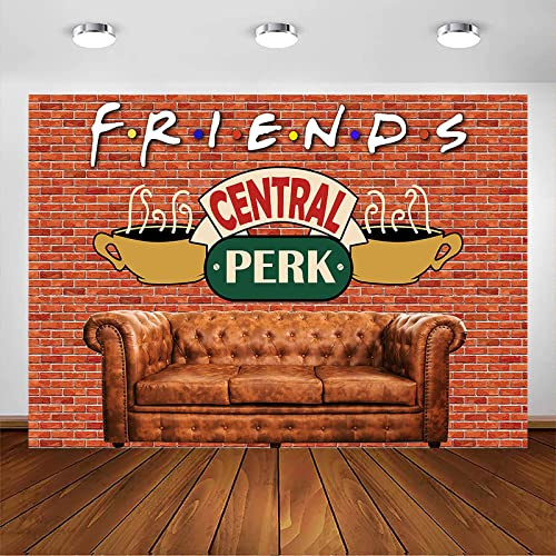 Avezano Toile de fond sur le thème Central Perk - Mur de briques rouges - Pub rétro - Canapé - Café - Toile de fond pour photographie d'anniversaire - Décoration pour fête d'anniversaire pour hommes