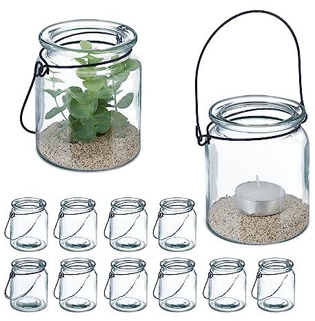 Relaxdays Windlicht Glas, 12er Set, Teelichthalter mit Henkel, HxD: 9,5 x 8 cm, runde Kerzengläser, transparent/schwarz