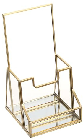 SUMTree Prospekthalter mit Visitenkartenständer Prospektständer mit Visitenkartenhalter Gold Flyerständer Broschürenhalter aus transparent Glas Flugblatt Organizer mit Visitenkartenetui für Display