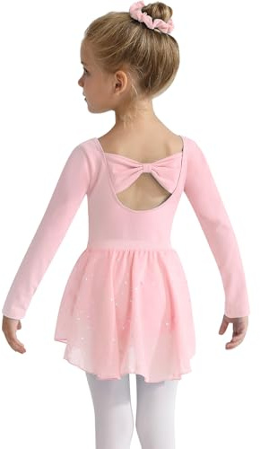 Naiyafly Girls Ballet Leotards with Removable Skirt Kids Dance Leotard Dress Toddler Long Sleeve Ballet Dance Dress Outfit Gymnastics Leotard with Chiffon Skirt Pink