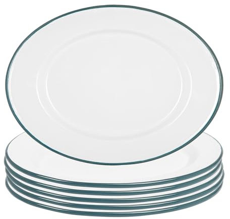 Argon Tableware Enamel Serving Platters with Green Rims - Pack of 6-30.5 x 22.5cm White Enamel Rectangular Serving Board Food Trays for Food, Drinks at Picnics, Camping, Travels