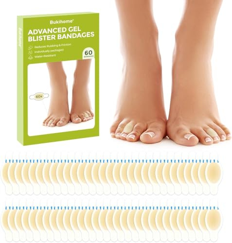 Bukihome Almohadillas para Ampollas, Apósitos Hidrocoloides Contra Rozaduras de Gel de 60 uds, Vendas Hidrocoloides para Dedos del Pie, Protección Contra Rozaduras, Recuperación de Ampollas