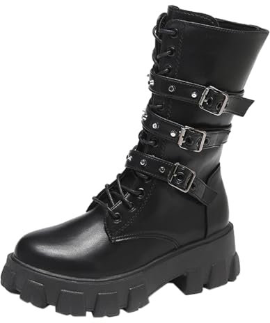 Damen Ritter Stiefel Chunky Heel 𝗟eder Stiefel Plattform Roune Toe Party Schuhe mit Reißverschluss Schnürung Up Gothic Punk 𝗡ieten Knöchelriemen Metall Schnalle Plattform Block Absatz (Black, 42)