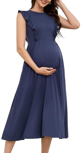 OUGES Womens 2026 Spring/Summer Maternity Nursing Dress Ruffled Zipper Empire Short Sleeveless Crew Neck A Line Midi Casual Dress for Breastfeeding Pregnancy Must Have Outfits Clothes (Navy Blue,L)