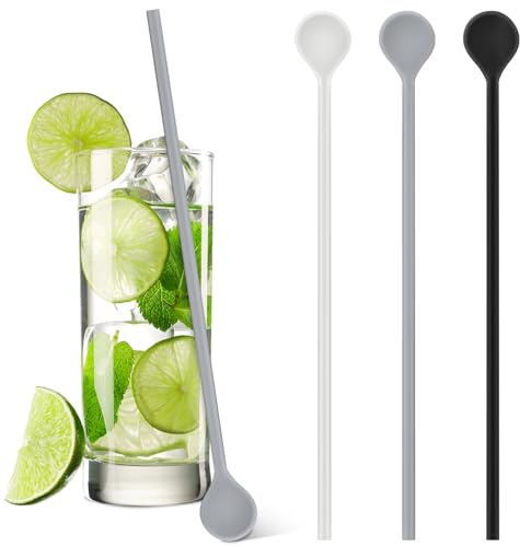 Reallnaive 3 Pcs 10 Silicone Stirrer Stick Spoon Reusable Long Cocktail Coffee Stirrers Iced Tea Spoon Swizzle Stirs Stick Multipurpose for Whiskey Beverage Formula Mixing Milk(Black,White,Grey)