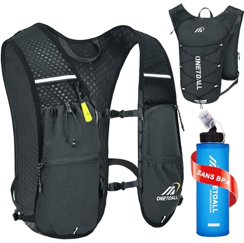 ONETOALL Chaleco Running Hombre Mujer, Ligero Mochila Hidratacion Trail Running, Chaleco para Correr con Botella 500ml, Silbato y Reflectante para Ciclismo Senderismo