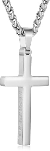 Aretas Stainless Steel Silver Cross Necklace for Men Boys Inspirational Bible Verse Cross Pendant Chain 20 Inch Christian Confirmation Baptism Jewelry Gifts