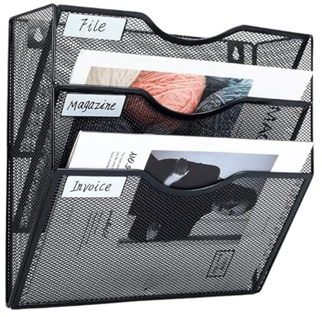 GOMETY Porte revues mural en métal noir A4, 3 compartiments, organiseur de magazines, porte-documents A4, bureau, école