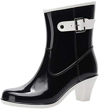 LOIJMK Bottes en caoutchouc pour femme - Avec talon - Bottes de pluie mi-hautes - Bottes de travail imperméables - Bottes de jardin - Bottes de pêche