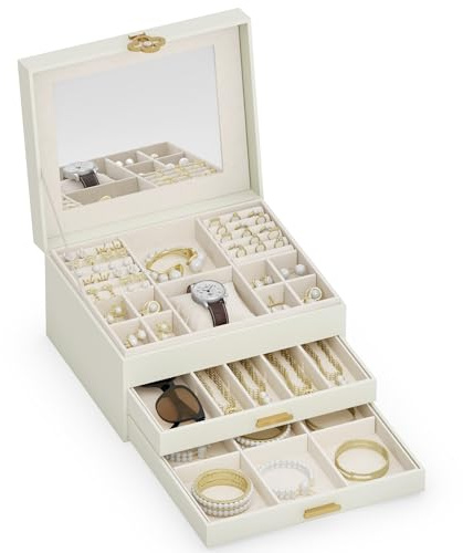 ADEL DREAM 3-stöckige Schmuckkästchen mit Kleeblatt-Knopf Schmuckaufbewahrung mit ausziehbarem Tablett Schmuck Organizer mit großem Spiegel,DIY verstellbare Fächer,für Mütter und Mädchen cremefarben