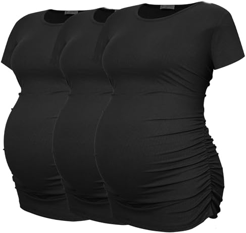 Smallshow Women's Maternity Clothes Ribbed Side Ruched Pregnancy Tops 3 Pack,Black-Black-Black,XL
