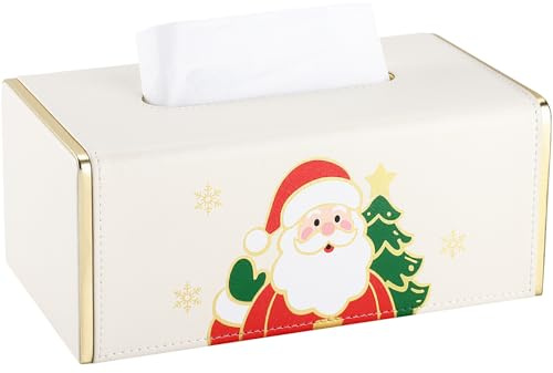 GORESE Boîte à Mouchoirs de Noël,Distributeur de Mouchoirs en PU Cuir Papier Mouchoirs Père Noël Boîte à Tissus Tissue Box de Festival Boîte Décorative pour Salon,Bureau,Salle de Bain(Blanc Élégant)