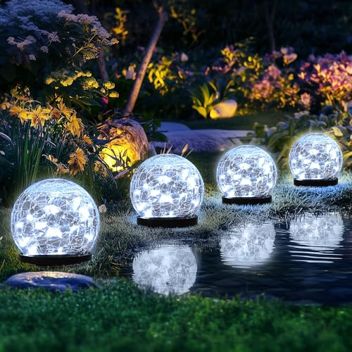 Solar Lights Outdoor Garden, Solar Globe Lights Waterproof, Cracked Glass Ball Outdoor Decorations for Balcony Backyard Yard Patio Porch (4 Pack, Cold White)