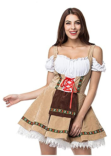 Donna Abito Dirndl Oktoberfest Costume Tirolese Dirndl Tradizionale Mini Gonna a Maniche Corte per Oktoberfest Tedesca Abito Tirolese Gonna Set Oktober Fest di Ottobre (1-Khaki, L)