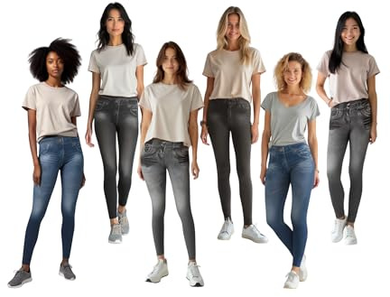 ShopINess Pack 6 Jeggings Mujer Estilo Vaquero Leggings Elásticos y Moldeadores Sin Costuras Pantalones Tipo Jeans Sin Cremallera 2 Azules, 2 Negros y 2 Grises (S-M)