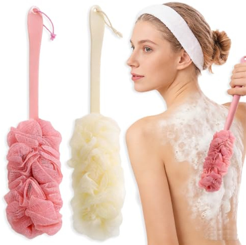 2Pcs Long Handle Shower Body Back Brush with Bristles 34CM, Body Brushes Back Scrubbers Bath Dry Brush Mesh Sponge with Curved Long Handle for Men and Women (White Pink)