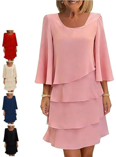 Vestido Elegante de Mujer con Mangas de Volantes en Capas, Vestidos con Volantes en Capas y Mangas 3/4, Vestidos Mini Holgados y fluidos con Cuello Redondo