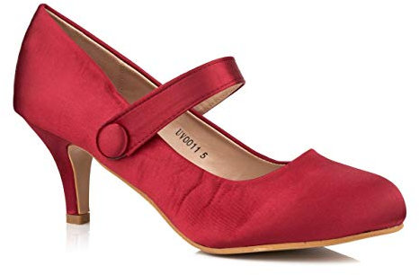 Ladies Women Evening Glitter Low Mid Heel Mary Janes Strap Work Party Court Shoes Pumps Shoes Size 3 to 8 (4 UK, Red_Satin)
