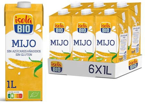 ISOLA BIO - Pack de 6 Unidades de 1 L de Bebida Ecológica Vegetal de Mijo - Sin Azúcar Añadido y Sin Gluten - Apto para Veganos - Ideal para Tomar Sola, con Café o en Batidoss