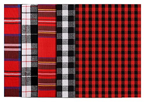 SAVITA 5 Stück 45x45cm Weihnachten Plaid Baumwollstoff, 100% Baumwolle Karomuster Quadrate Bündel Weihnachtsbüffel Karierter Stoff zum Nähen von Patchwork DIY Handwerk Dekoration