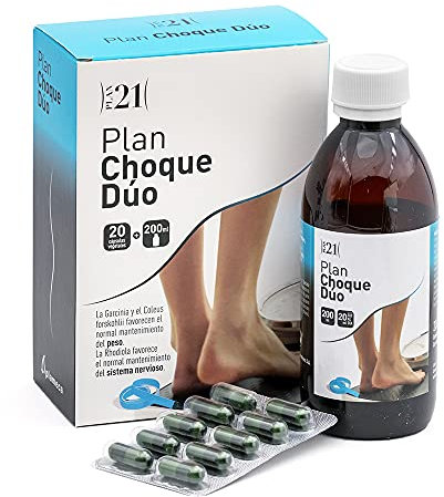 PLAMECA Plan Choque Dúo Control Peso y Sistema Nervioso, 2 productos en 1, Garcinia Cambogia, Rhodiola Rosea, Coleus Forskohlii, Probióticos, Botella 200 ml y 20 Cápsulas Vegetales