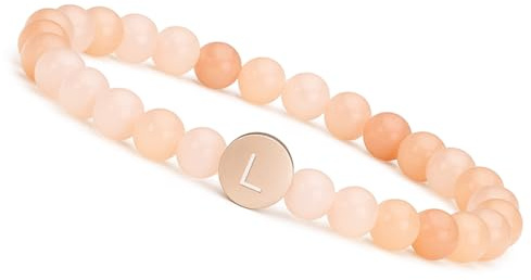 Pulsera con letras y cuentas de piedra natural de cuarzo rosa I Pulsera personalizada de perlas para señora con cuenta de letras chapada en oro de 18K (L)