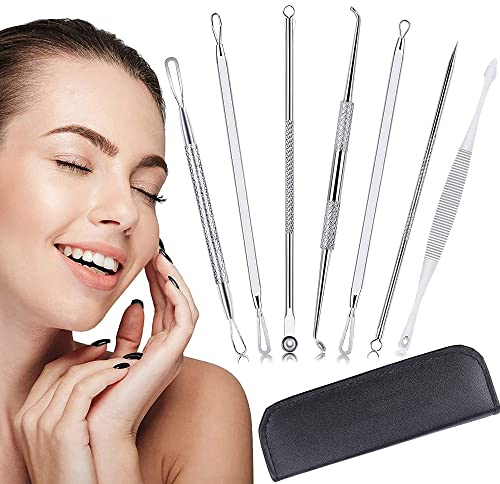 HUKITECH Elegantes Set mit 14 Spitzen - Mitesserentferner - Pinzetten - Edelstahllöffel zum Entfernen von Mitessern, Pickeln - 7 doppelseitige Werkzeuge