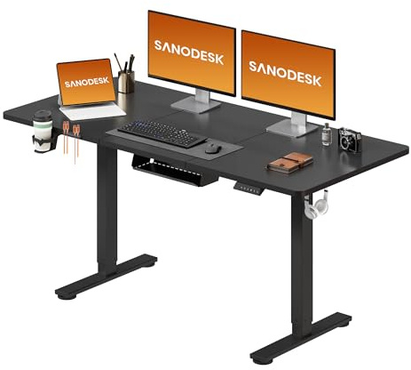 SANODESK Höhenverstellbarer Schreibtisch 140×60 cm – Ergonomischer Standing Desk mit großem Arbeitsbereich, sicherem Anti-Kollisions-Schutz & praktischem Zubehör(schwarz)