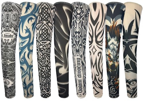 iToolai Temporary Tattoo Sleeves for Men, 8 pcs Set UV Protection Cooling Tattoo Arm Sleeves Slip on(Tribal Designs)