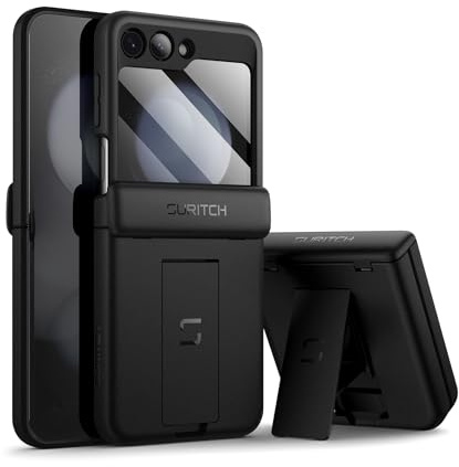 SURITCH for Samsung Galaxy Z Flip 5 Case with Built-in Screen Protector & Kickstand & Hinge Protection, Full-Body Shockproof Protective Cover for Z Flip 5 (2023) -(Black)