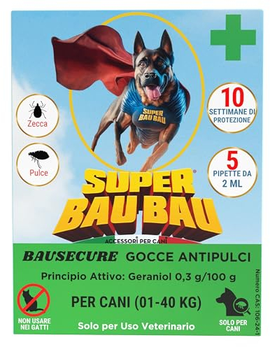 Super Bau Bau Antiparassitario Cani, 5 Pipette Antiparassitario Cani Duratura e Impermeabile, Antipulci per Cani Efficace Contro Più Stadi di Vita delle Pulci, Senza Odore