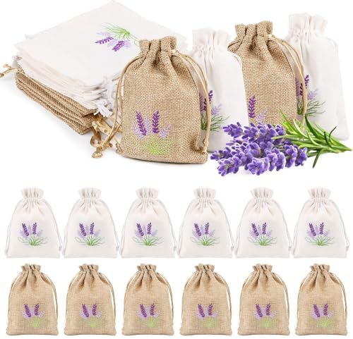 Byffoer: 12 sacchetti di lavanda, vuoti, in cotone e lino, con motivo floreale di lavanda, per spezie, caramelle e gioielli, per compleanni