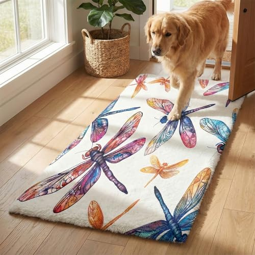 Doormat, Outdoor & Indoor Non-Slip Door Mats Entryway Washable Pet Rug for Front Door Entrances, 20x39, White Dragonfly