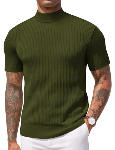 COOFANDY Men's Mock Turtleneck Sweater Short Sleeve Casual Basic Tops Ribbed Knit Pullover Solid Tee Army Green Medium